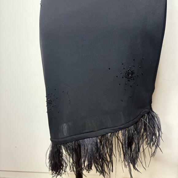 Vintage 90s Black Beaded Mesh Asymmetrical Feather Trim Cocktail Mini Dress - Picture 7 of 10